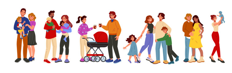 Obraz premium Happy parent and child. Loving father, mother. Love mom, dad, children. Traditional family parenting lifestyle. Together couple, baby care. Cartoon character embraces. Vector tidy flat isolated set