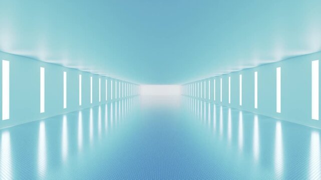 Futuristic blue corridor with glowing wall light panels view
