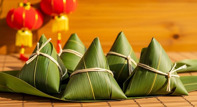 Traditional zongzi rice dumplings wrapped in bamboo leaves for dragon boat festival celebration