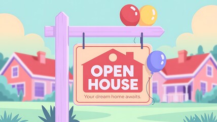 Fototapeta premium Open house sign with balloons in front of suburban houses real estate dream home for sale property residential