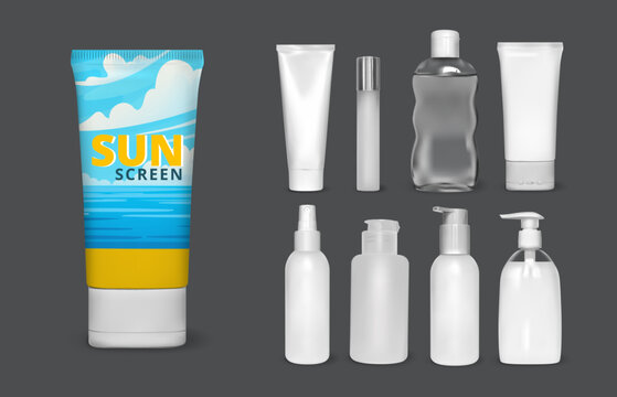 Cosmetic mockup. 3D bottle, blank container, sunscreen tube, jar. Packaging product labeling, white template. Realistic design box, serum, cream or gel. Beauty package. Vector realistic isolated set
