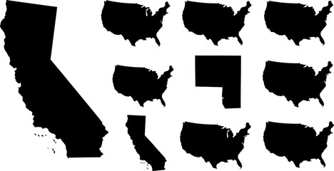 collection of usa and california map silhouettes on white background © Afia
