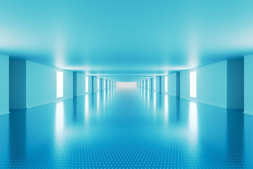 Fototapeta premium Futuristic blue corridor with glowing wall light panels view