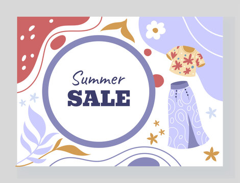Sale banner. Fashion shop discount. Buying promotion background. Summer season marketing special offer. Abstract curve shapes and plant leaves. Trendy clothing. Shopping vector design promo flyer card