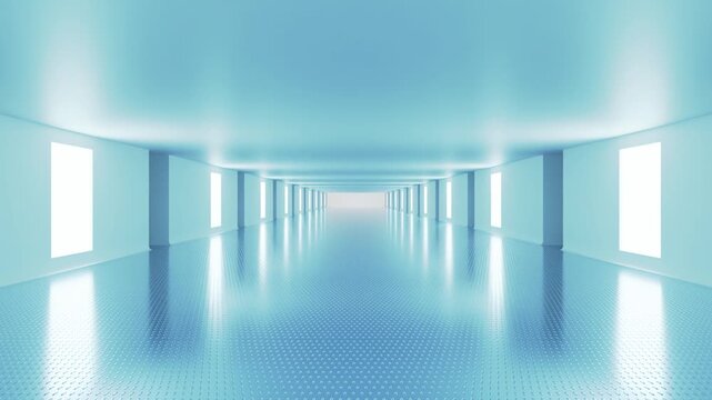 Futuristic blue corridor with glowing wall light panels view