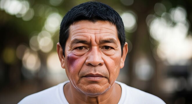 Photorealistic stock photo featuring a vibrant bruise on a person s face in natural lighting