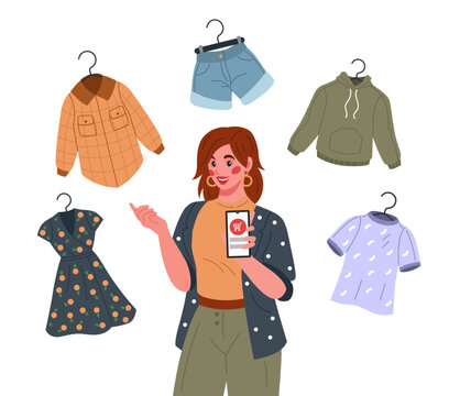 Fashion shop. Woman choosing clothes. Coat and dress at store hangers. Online shopping. Smartphone app screen. Clothing purchase. Mobile order. Garments choice. Buyer trying apparel. Vector concept