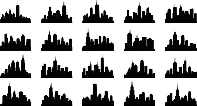 collection of city skylines in black silhouette on white background