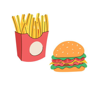 Burger and fries combo. Simple fast food meal with hamburger and french potatoes in carton packaging, cuisine and takeout dining concept. Restaurant menu. Vector cartoon flat isolated illustration