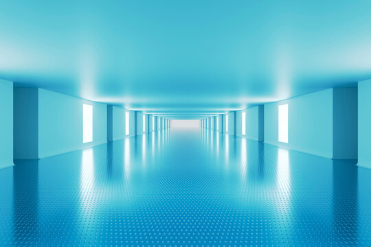 Futuristic blue corridor with glowing wall light panels view