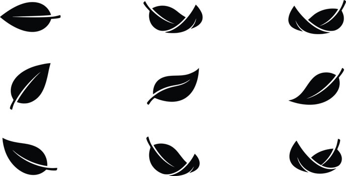 Eine Sammlung von neun schwarzen Blattsilhouetten, die verschiedene Formen und Ausrichtungen auf einem wei&szlig;en Hintergrund zeigen, ideal f&uuml;r minimalistisches Design.