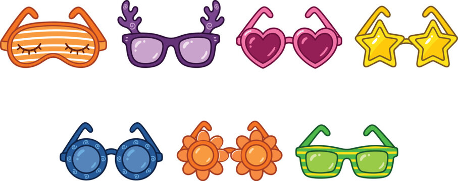 Colorful cute flat vector illustration collection of novelty sunglasses featuring heart, star, flower, reindeer antlers, and sleeping mask eyewear designs.