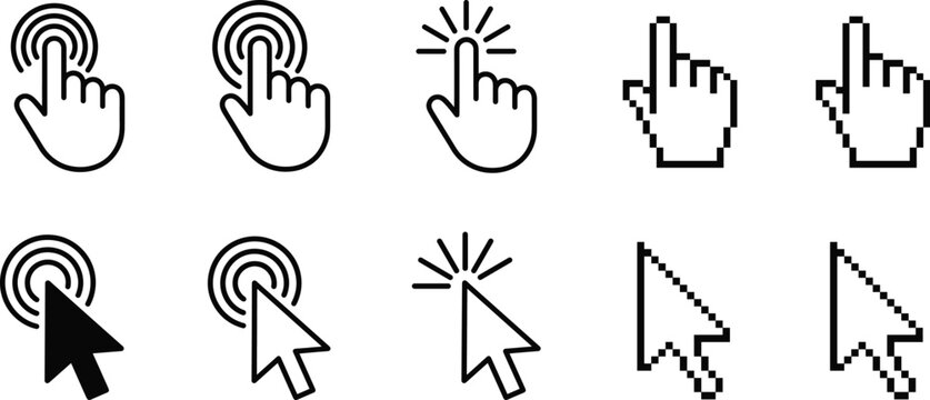 Detailed black and white flat vector illustration collection of computer mouse cursors and hand pointer icons in pixel and smooth styles.
