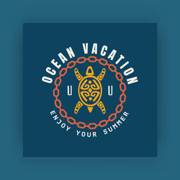 Summer logo. Beach vacation card. Tropical turtle. Summertime travel sticker. Journey logotype. Resort label. Marine animal. Cruise voyage tour. Ocean boat. Chain circle symbol. Vector emblem design