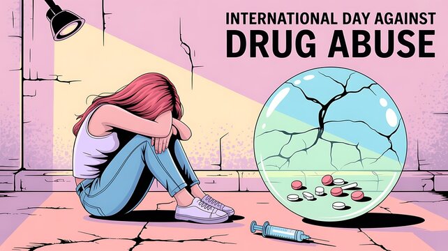 International day against drug abuse with sad woman and syringe international addiction substance dependency