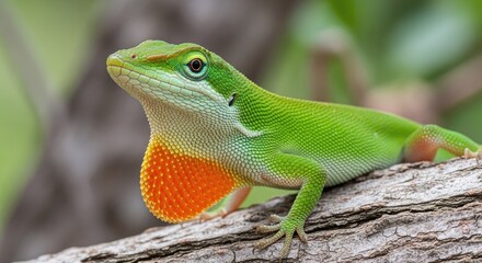 Fototapeta premium Captivating green anole lizard a detailed study of reptilian expression and reaction in natural habitat