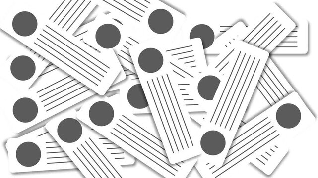 Animation of scattered white identity tags with grey profile icons and text lines on a white background, ideal for data management and digital filing.
