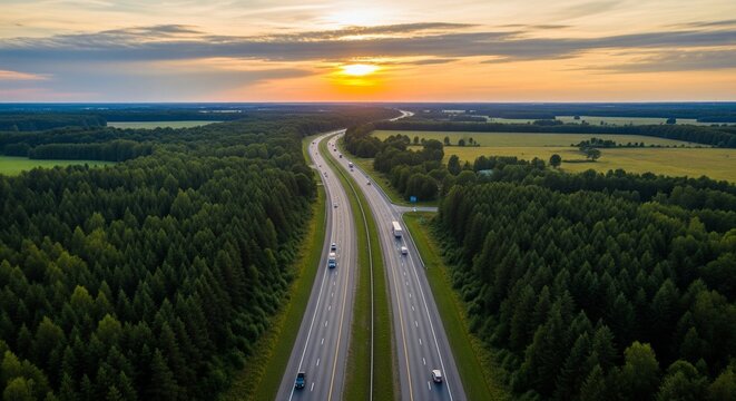 Aerial view of a multi-lane highway cutting through dense green forests during a vibrant sunset
