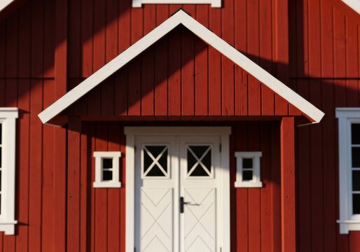 Red Wooden House Entrance with White Porch Door in Scandinavian Style for Real Estate and Nordic Living Concept
