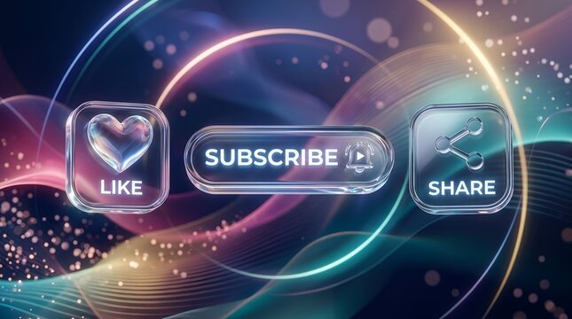 Social media buttons like subscribe and share icons floating on a glowing abstract digital background design