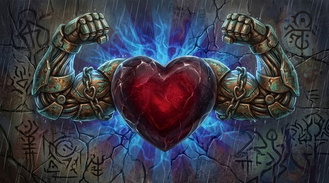 Mechanical heart icon with metallic muscular robotic arms showing strength and power on a textured stone background