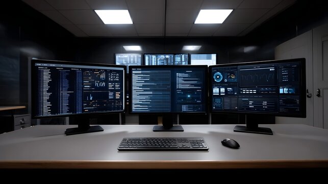 A modern professional workstation displaying complex data visualizations coding dashboards and technical network interfaces