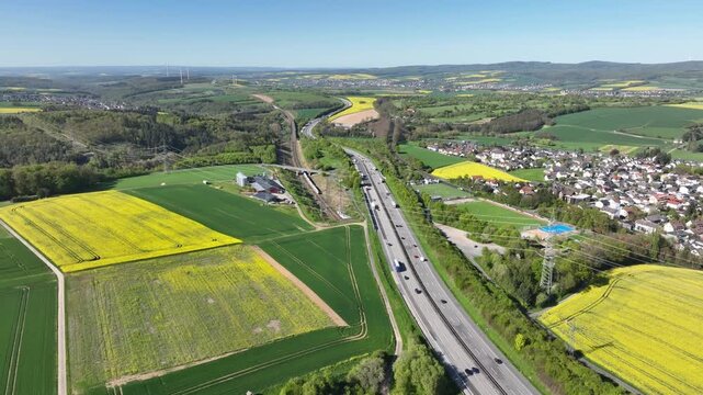 Idstein, Germany - April 23, 2026: Aerial view of dense traffic on German highway A3 between Bad Camberg and Idstein.