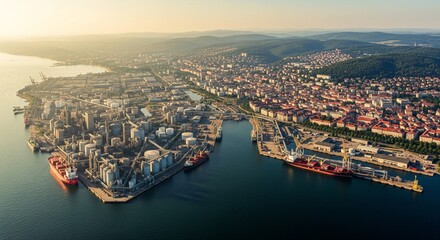 Fototapeta premium Aerial view of a sprawling industrial port city with cargo ships docked and extensive infrastructure