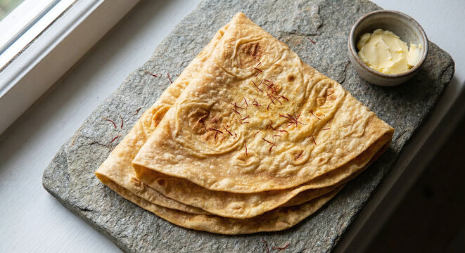 Traditional Kashmiri thin unleavened flatbread, soft and pliable, made from whole wheat flour, cooked on a hot tawa (griddle), often served with curries or used as a wrap, a staple of Himalayan food