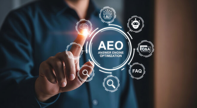 Businessman Touching AEO Answer Engine Optimization Interface With AI Icons
