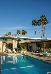 Fototapeta premium Modern luxury villa features a swimming pool with lounge chairs under tall palm trees.