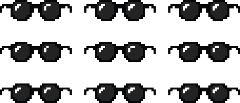 Retro pixel art sunglasses grid with round black lenses 8 bit style digital icon vector illustration design