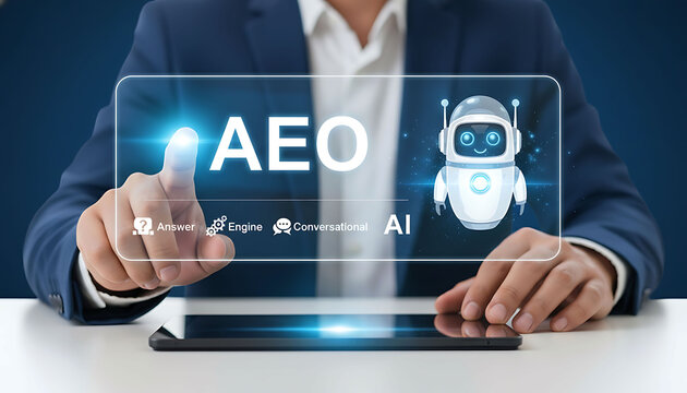 Businessman Using Tablet With AEO Answer Engine Optimization AI Interface