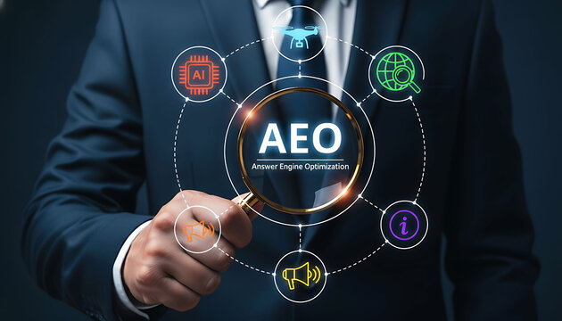 Businessman using magnifying glass AEO answer engine optimization AI