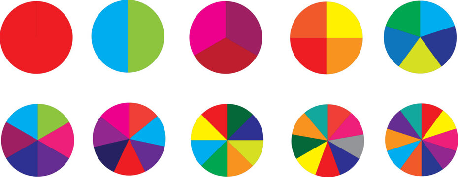 Pie chart color icons. Segment slice sign. Circle section graph. 1,2,3,4,5,6,7,8,9,10, segment infographic. Pie chart set. Wheel round diagram part symbol. Three phase, six circular cycle.