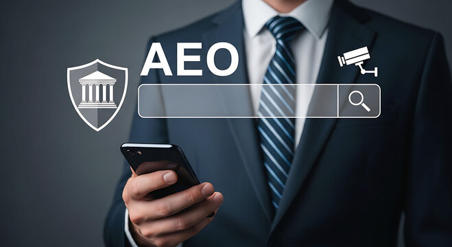 Businessman Using Smartphone With AEO Search Interface Security And Analytics AI