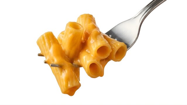 A fork holds a portion of cheesy rigatoni pasta against a white background for culinary or advertising use