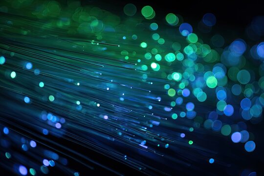 A close-up image showcases a vibrant network of fiber optic cables emitting a mesmerizing array of blue and green light, creating an abstract and futuristic visual.
