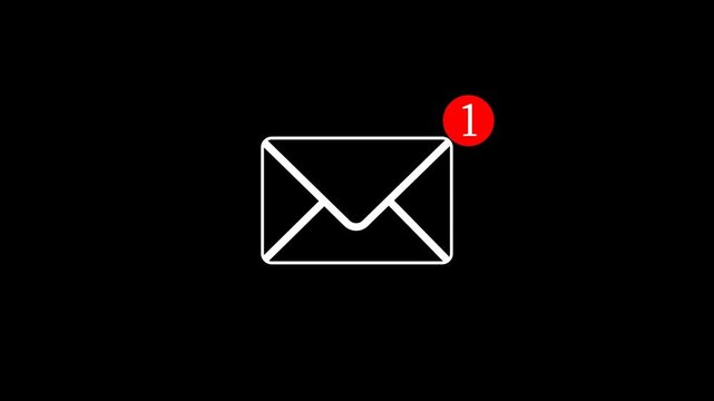 Animated, white, envelope, outline, with, red, notification, badge, and, number, one, on, black, background, perfect, for, modern, digital, message, alerts.
