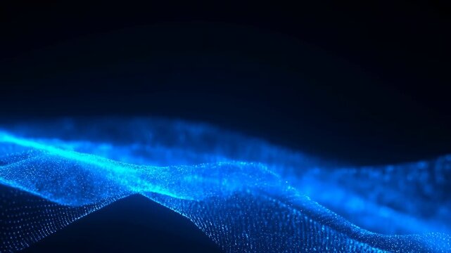 Futuristic Digital Data Display. Dark Field Illuminated By Flowing Blue Particles In Dynamic Motion