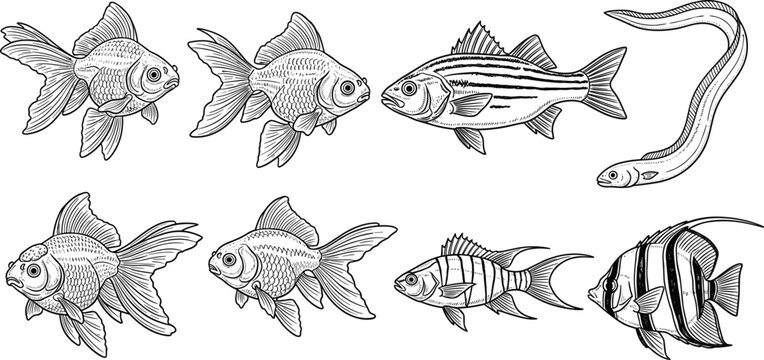 Vintage fish engraving vector set featuring goldfish eel and striped marine species in detailed black and white line art illustration collection