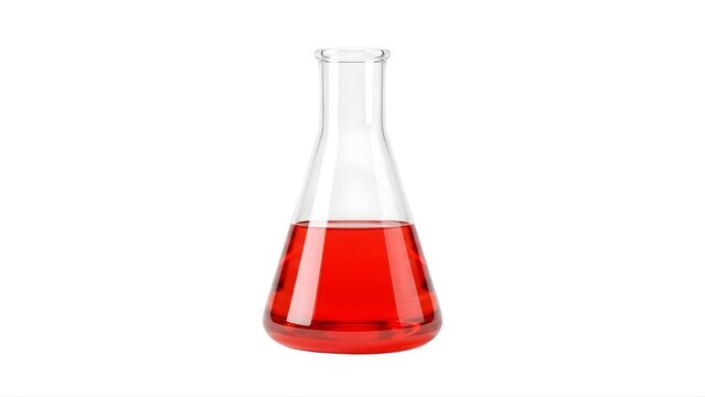 A glass Erlenmeyer flask filled with a vibrant red liquid on a plain white background
