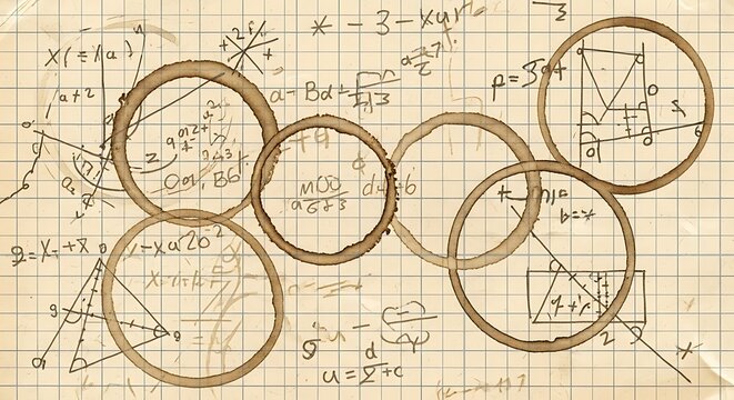 Mathematical Musings on Paper: A vintage notebook page comes alive with intricate equations and geometric diagrams, interwoven with the subtle marks of coffee rings.
