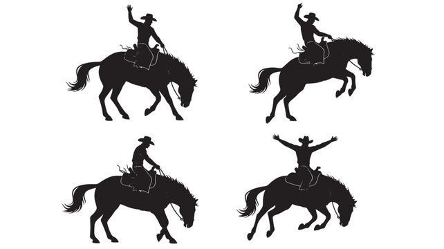 Horse rider cowboy silhouette set with black western cowboy hats and raised arms poses featuring silhouettes, hat, lasso with riding and wild west