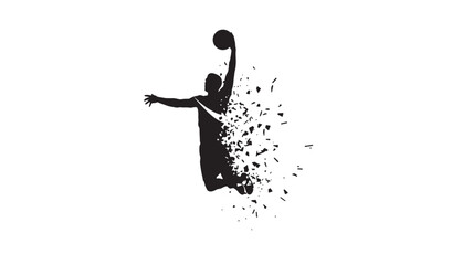 Basketball player silhouette with dynamic jump shot pose and flying dust particles splash on white background © Olise