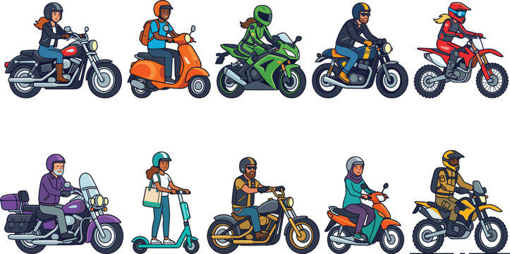 Motorcycle and scooter rider collection, diverse people on motorbikes, mopeds and electric scooter, flat vector illustration