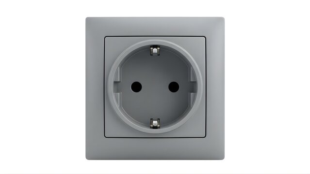 A close-up view of a gray electrical socket on a plain white background