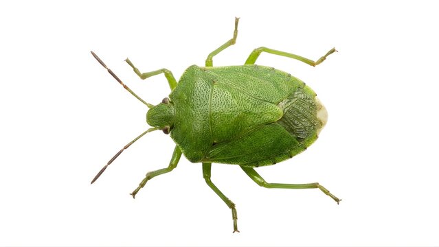A vibrant green stink bug with six legs and antennae on a white background