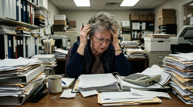 A stressed woman sitting at a cluttered office desk surrounded by stacks of paperwork and office supplies