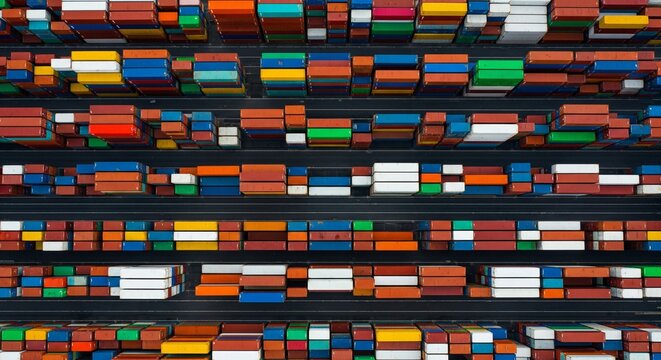 Aerial view of vast shipping containers stacked high in a logistics port, organized in rows